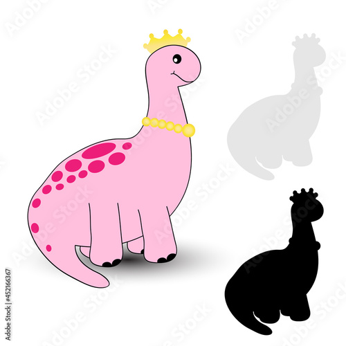A pink dinosaur wearing a crown and necklace with her shadow