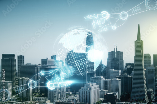 Double exposure of abstract virtual robotics technology with world map hologram on San Francisco city skyscrapers background. Research and development software concept