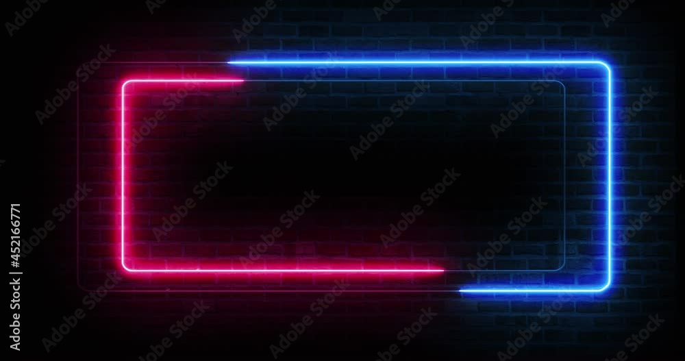 animated neon frames on a brick wall red and blue color for inserting your content, real animated neon frames on a brick wall red and blue color for inserting your content, real