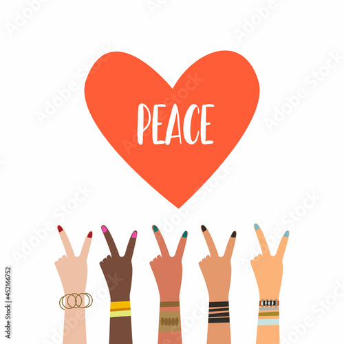 Hands of different ethnic group showing peace sign with fingers. Also esrce hand-written peace
