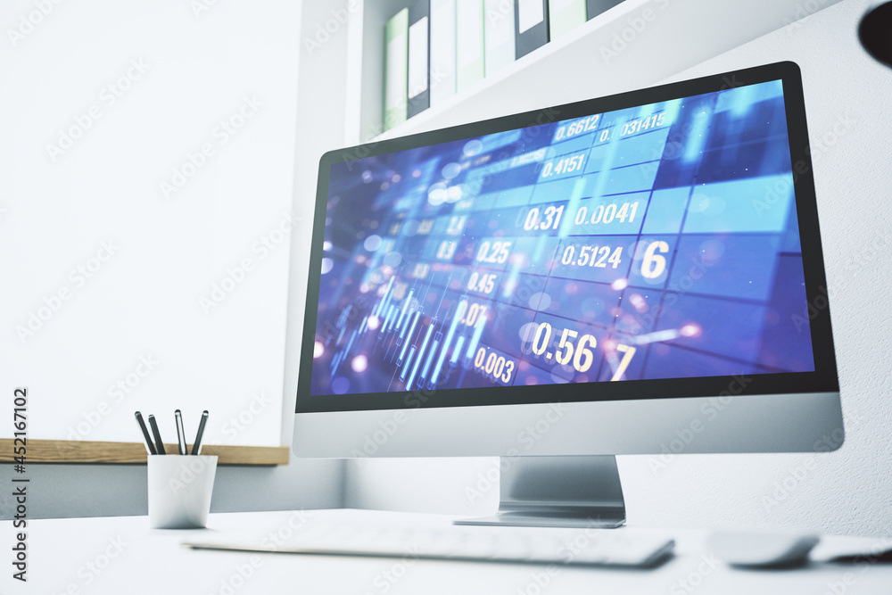 Abstract creative financial graph on modern laptop screen, forex and investment concept. 3D Rendering Abstract creative financial graph on modern laptop screen, forex and investment concept. 3D Rendering