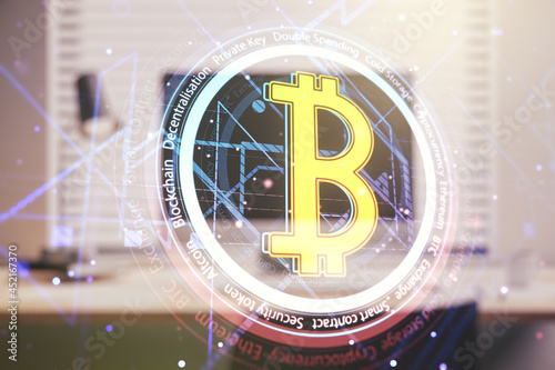 Creative Bitcoin concept with modern computer background. Double exposure