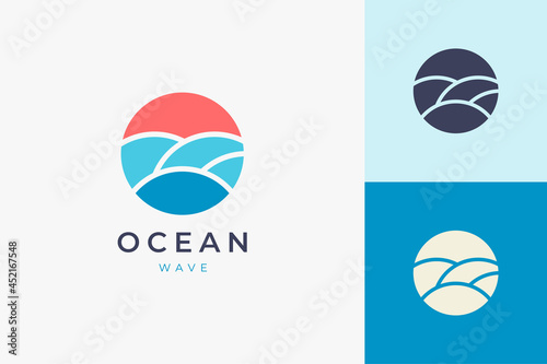 Ocean with sun or surfing logo template in circle and abstract shape