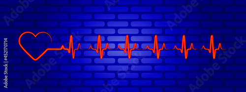 neon red heart with pulse line, cardio line, cardiogram on dark blue brick wall