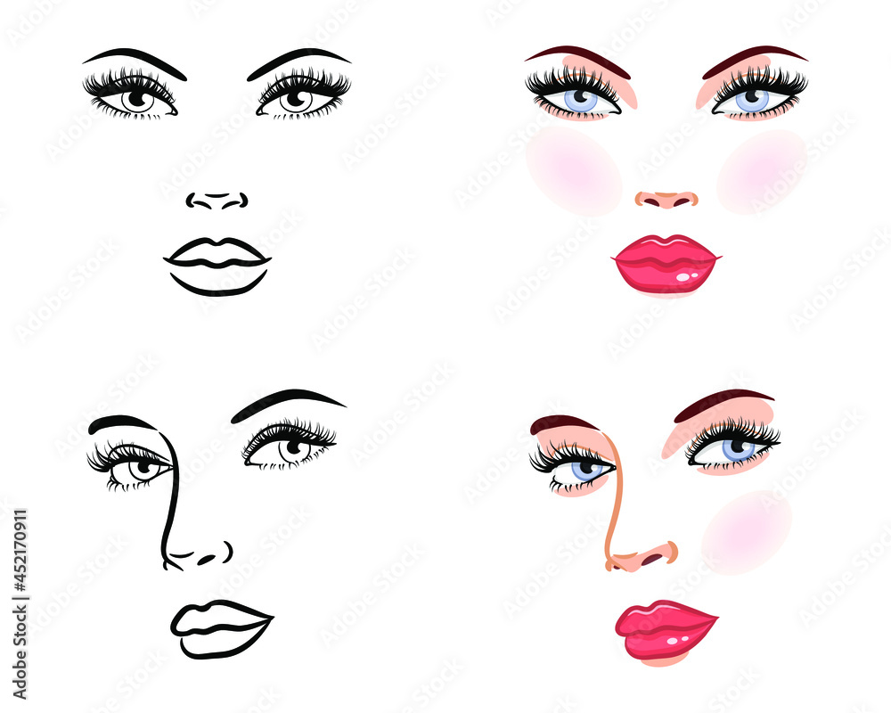 Vektor Stok Vector Flat Illustration Face Young Beautiful (Tanpa