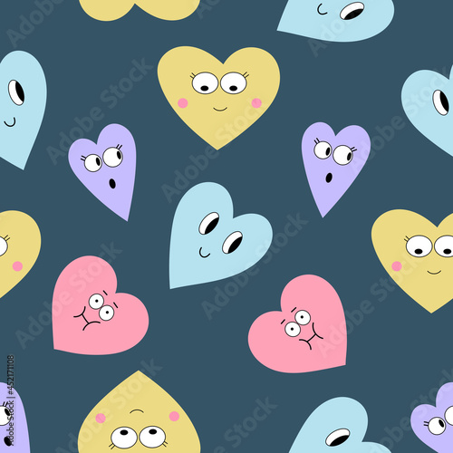 Hand drawn cute hearts with funny faces icons. Vector seamless pattern hearts with faces emotions. Colorful characters. Hand drawn trendy Vector illustration for kids. Happy Valentine's day.