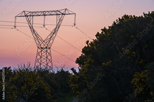 Beautiful early morning view of power lines with electricity transmission pylon against epic purple sunrise sky in Ticknock Forest National Park, County Dublin, Ireland. Soft and selective focus