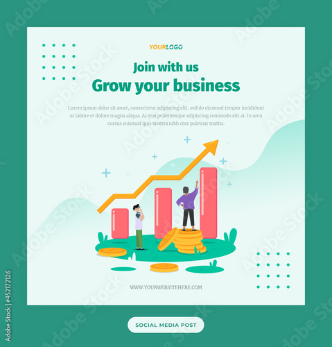 Social Media Post Template, Grow Business with statistics illustration, character, coin dollar, for business infographic illustration template etc
