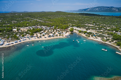 Scene of boats in a quiet bay of Croatia. Aerial photo photo
