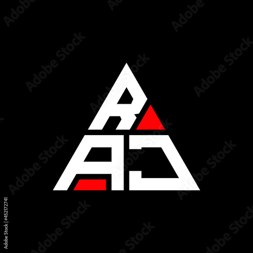 RAJ triangle letter logo design with triangle shape. RAJ triangle logo design monogram. RAJ triangle vector logo template with red color. RAJ triangular logo Simple, Elegant, and Luxurious Logo. RAJ 
