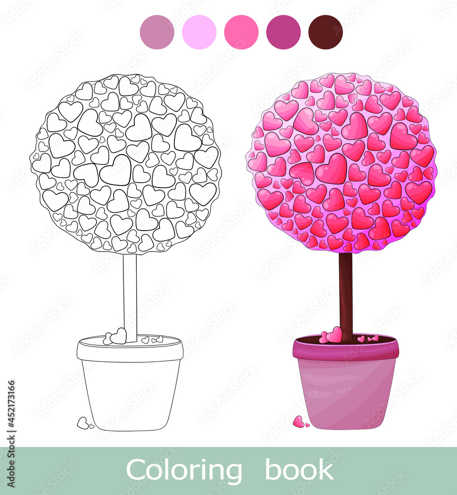 Valentines day coloring book page. Love tree Isolated contour. Pink topiary, bonsai in the pot. Pink sakura trees valetine's day coloring book page. Worksheet. Coloiring book for children. Activity ga - obrazy, fototapety, plakaty 