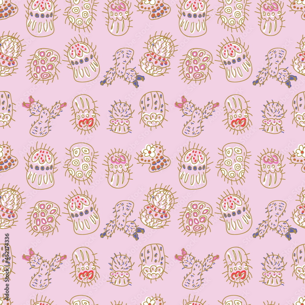 Tender seamless pattern of cacti doodles. Perfect for T-shirt, textile and prints. Hand drawn illustration for decor and design. Tender seamless pattern of cacti doodles. Perfect for T-shirt, textile and prints. Hand drawn illustration for decor and design.