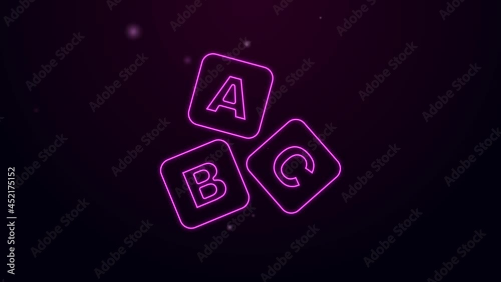 Glowing neon line ABC blocks icon isolated on black background. Alphabet cubes with letters A,B,C. 4K Video motion graphic animation