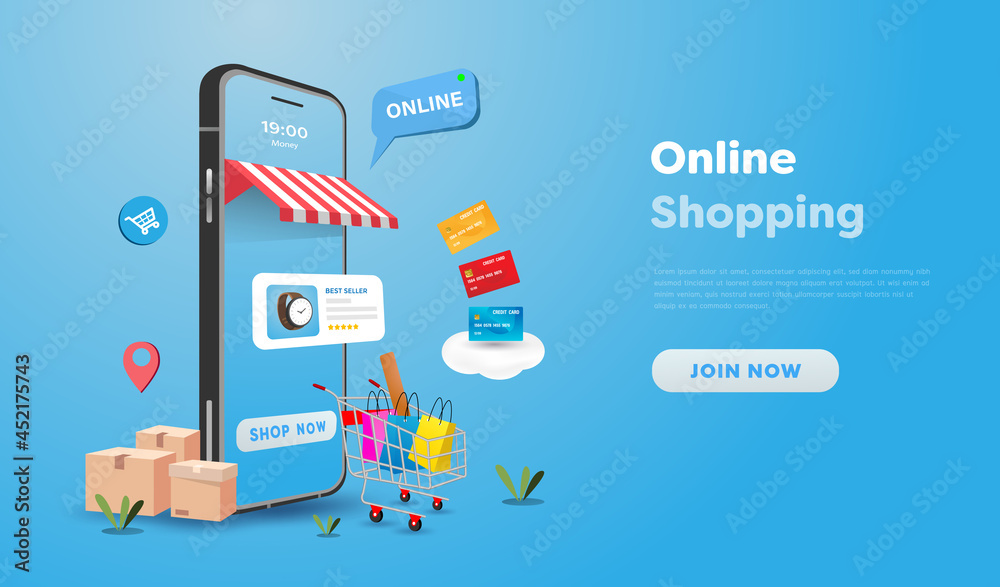 Online shopping store on website and mobile phone design. Smart business marketing concept. Horizontal view. Vector Illustration Online shopping store on website and mobile phone design. Smart business marketing concept. Horizontal view. Vector Illustration