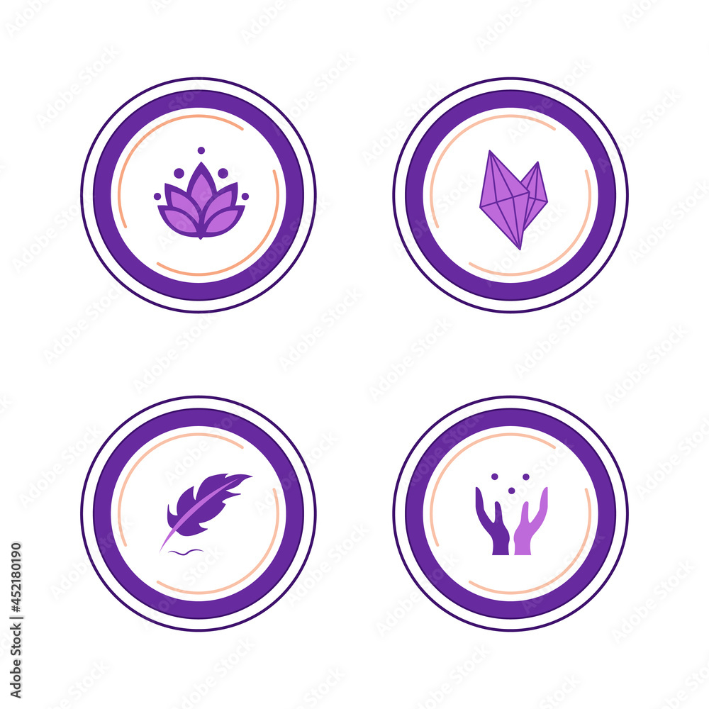 Icons in a circle with esoteric symbols, a feather, crystals, a lotus, hands in the form of a bowl in purple shades