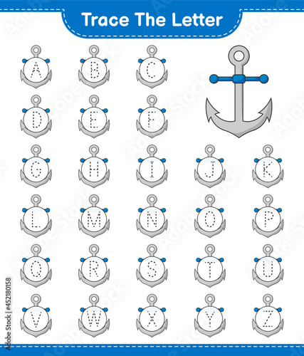 Trace the letter. Tracing letter with Anchor. Educational children game, printable worksheet, vector illustration