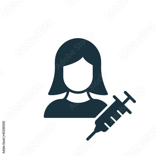 Vaccine Injection for Women. Syringe and Woman Silhouette icon. Coronavirus vaccination for girl. Vector illustration