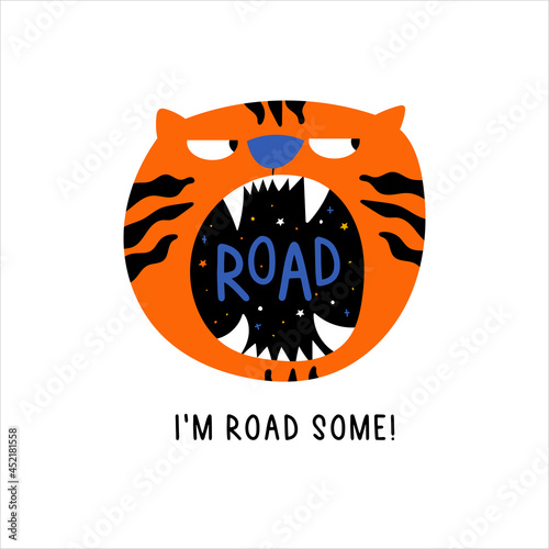 Roaring of Tiger or cat. Open mouth. Hand drawn trendy vector illustration with Animal growl. Comic, cartoon quirky style. Trendy design. Funny character. Modern Tattoo idea. Sticker style