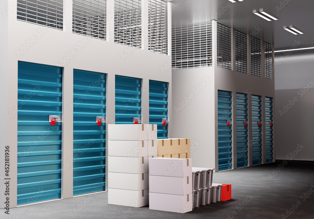 Self storage units. Boxes and containers in front of storage units. Concept - renting space in warehouse. Unit rental for personal belongings. Storage company visualization. 3d illustration. Self storage units. Boxes and containers in front of storage units. Concept - renting space in warehouse. Unit rental for personal belongings. Storage company visualization. 3d illustration.