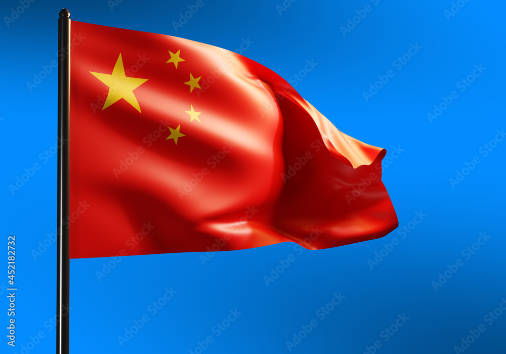 China flag on blue background. Waving flag of People's Republic of China. Visualization of PRC flag. Red symbol of PRC close up. symbol of People's Republic of China. Goverment PRC metaphor. 