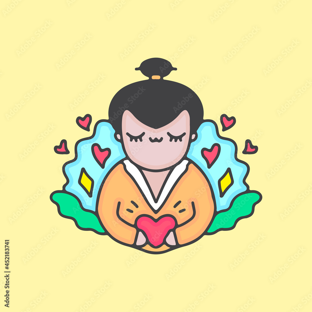 cartoon geisha holding little heart. illustration for t shirt, poster, logo, sticker, or apparel merchandise.