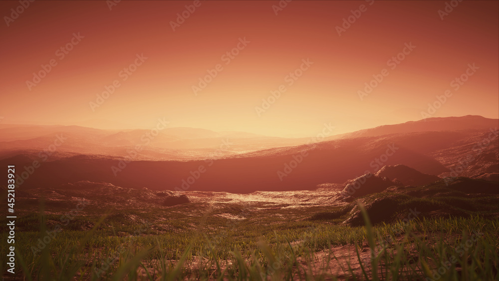 Obraz premium Red Foggy Mountain Range Landscape Background 3D Rendering