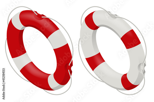 Isometric rescue life belt, marine lifebuoy water safety isolated on white background. Collection of realistic lifebuoy striped circle