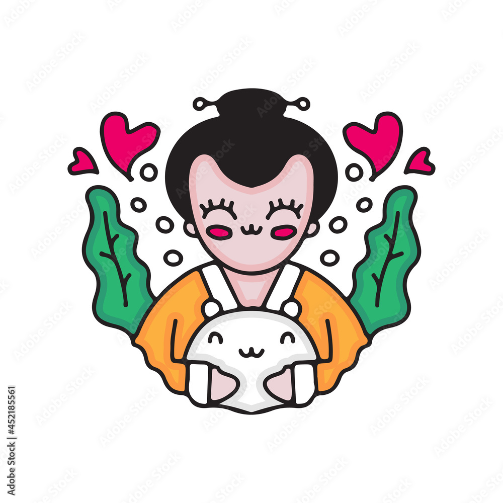 Cute japanese geisha with little polar bear. illustration for t shirt, poster, logo, sticker, or apparel merchandise. Cute japanese geisha with little polar bear. illustration for t shirt, poster, logo, sticker, or apparel merchandise.
