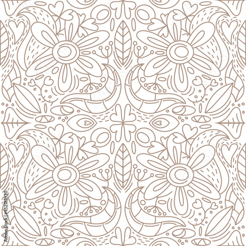 Floral seamless pattern isolated on white. Doodle hand drawn art line. Sketch vector stock illustration. EPS 10