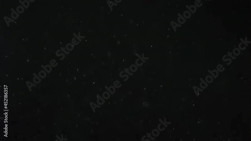 Drifting real dust isolated on a black background. Filmed spore particles with selective focus floating in the air. Cinematic overlay as organic concept template for a macro virus, pollen, vapor