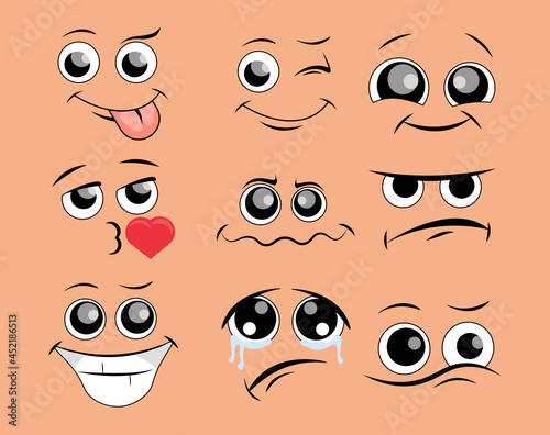 Caricature comic emotions set. Faces of characters with smile, anger, tongue and kiss. Design elements for stickers and social networks. Cartoon flat vector collection isolated on pink background