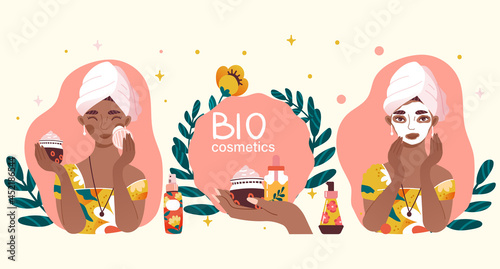 Skin Care Routine concept. Beautiful girl cleanses her face and applies moisturizing mask. Natural organic cosmetics. Hygienic procedure. Cartoon flat vector collection isolated on white background