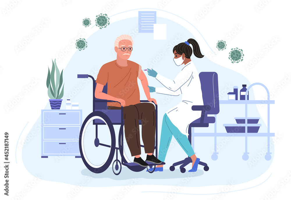 Female Doctor Injecting Coronavirus Vaccine to an elderly patient in a wheelchair. Hospital Cartoon Interior. Adult immunization, covid vaccine flat vector illustration 