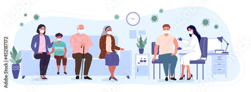 Patients and woman doctor in a medical clinic. People of differernt ages are waiting in line to receive the vaccine. Vaccination and immunization of the population against covid.  Vector illustration