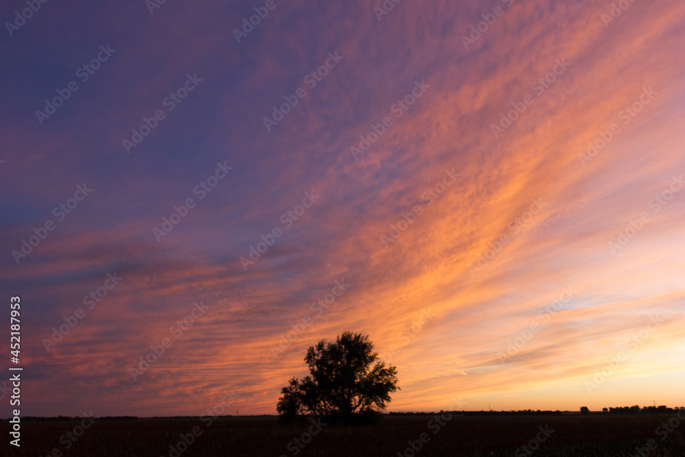 A colorful, dramatic, orange and purple sunset over and a lone, isolated tree