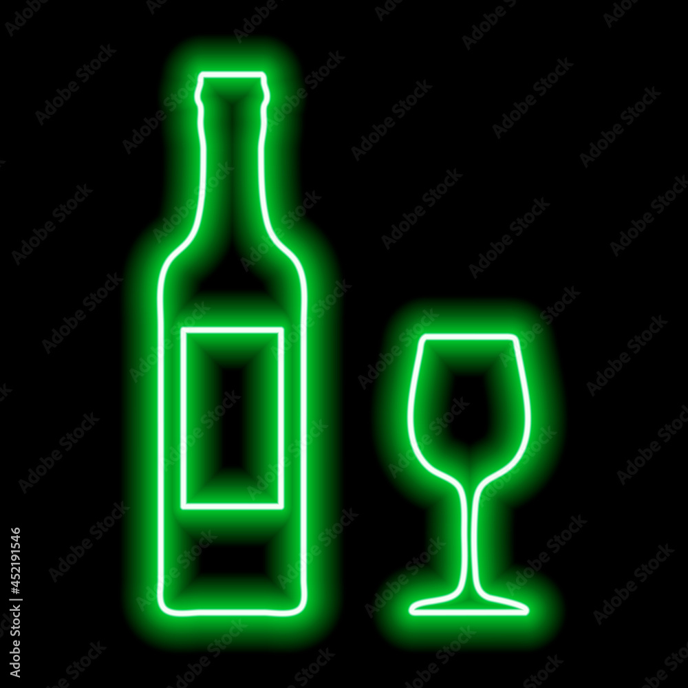 Green neon outline of a bottle of wine with a label and a glass on a black background. Bar icon