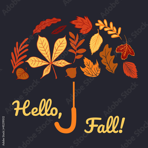 Hello, fall. Autumn poster vector template. Hand drawn leaves in form of the umbrella on dark background for poster, card, invitation, web banner design. 