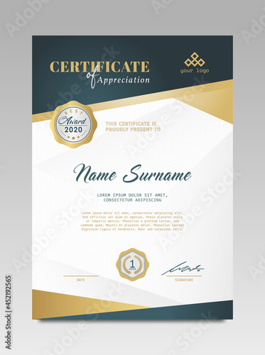 Certificate template awards diploma background vector modern design simple elegant and luxurious elegant. layout vertical in A4 size with gold blue colour