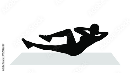 Woman exercising silhouette vector illustration. Girl doing sit up, workout at home. Gymnastics sport activity. Exercise training. Women sportswear. Slim and fit body.