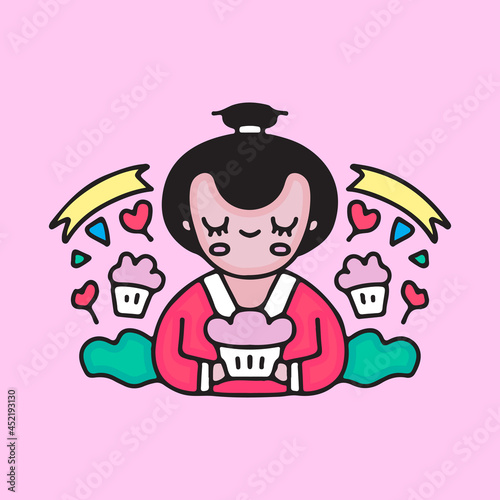 kawaii geisha holding cupcake. illustration for t shirt, sticker, or apparel merchandise.