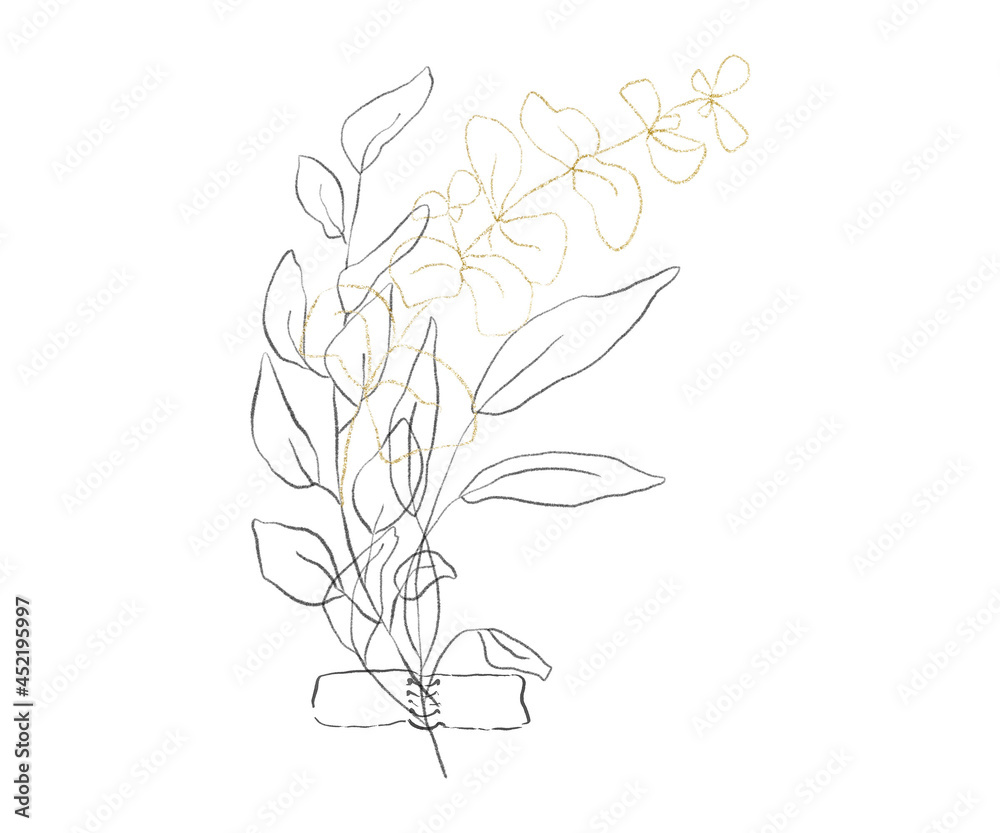 Golden and pencil drawing floral leaves illustration. Isolated on white background.