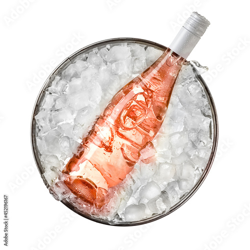 Rose wine bottle in a ice cooler, top view