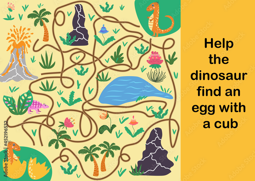 Naklejka premium Help dino mom to find their egg - kid learning game with maze