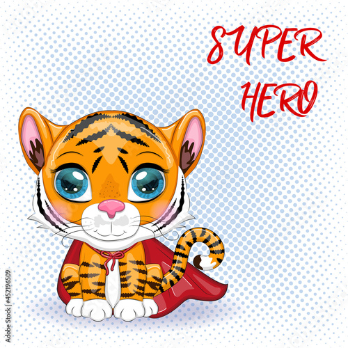 Cute cartoon tiger with beautiful eyes, orange in a red cloak, super hero