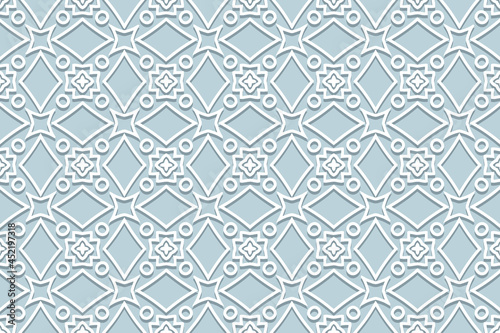 Geometric volumetric convex ethnic white 3D pattern. Embossed blue background in oriental, indonesian, asian styles. Unique arabesque, lace texture, paper cut ornament.