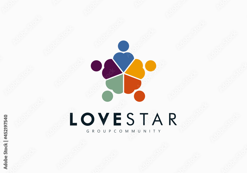Abstract Love Connecting People Logo. Colorful Five Star and Shape Heart with Human Symbol Combination isolated on White Background. Flat Vector Logo Design Template Element. Abstract Love Connecting People Logo. Colorful Five Star and Shape Heart with Human Symbol Combination isolated on White Background. Flat Vector Logo Design Template Element.