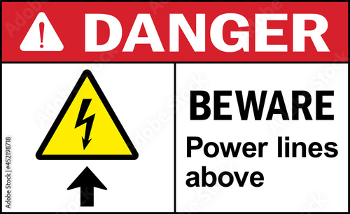 Beware power lines above danger sign. Electrical safety signs and symbols.