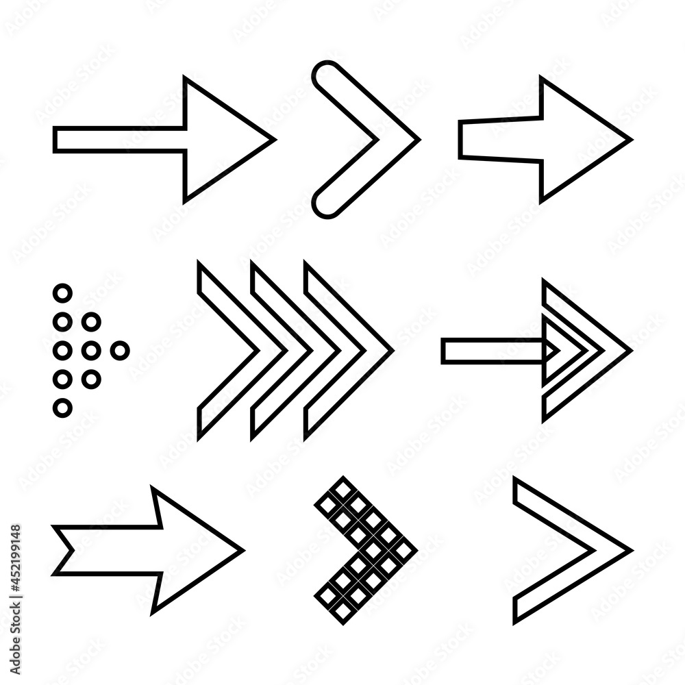 Icon Set of Flat Arrows. Isolated Arrow Icon Collection for Back and Next User Interface Icons. Different Shape Concept for Previous or Forward Minimal Web Buttons on White