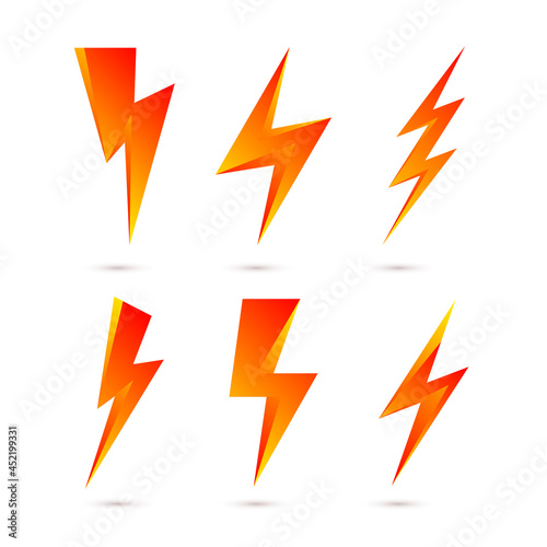 Yellow Lightning Bolt Icons Isolated on White Backdrop. Simple Icon Storm or Thunder and Lightning Strike. Simple Cartoon Lightning Strike Sign