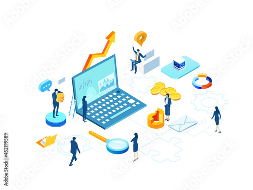 Isometric environment design with lots of business people working in office, solving problems, finding solutions, bankers, lawyers, office managers, sales fool and creative people. Global business